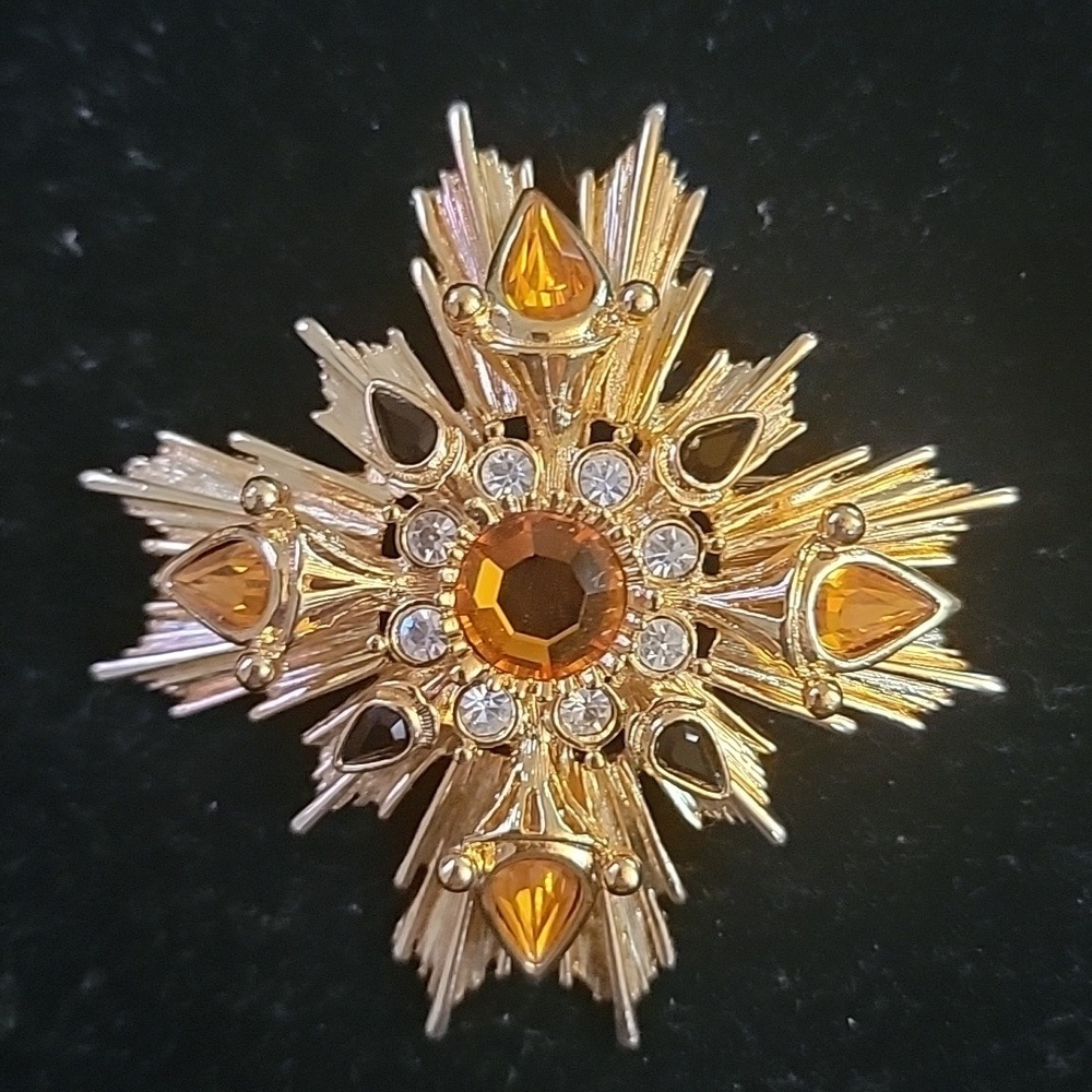 Rare Vintage Joan Rivers Amber Topaz Rhinestone Maltese Cross StarBurst Brooch - Picture 4 of 7